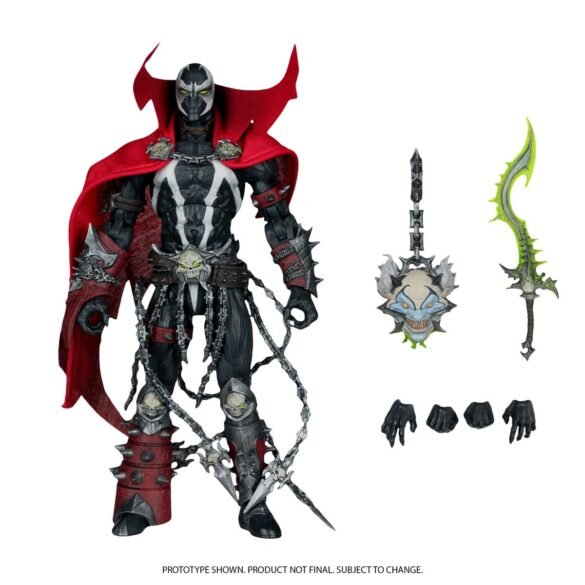 Spawn Warlock Elite Edition de McFarlane junto a su espada verde, calavera demoníaca y manos intercambiables.