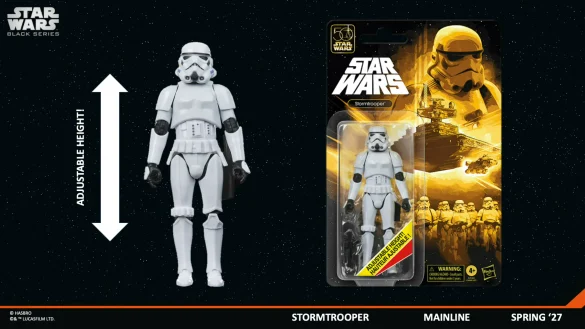 geeksonas-Star-Wars-New-Era-Launch-74 Stormtrooper de venta general junto a su empaque dorado y una flecha de altura.