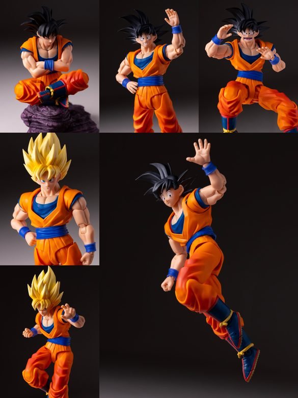 Montaje de Gohan adulto de HM Studio con ropa naranja y distintas poses.