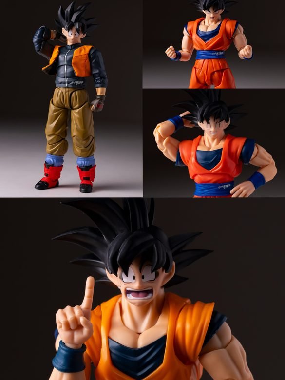Montaje de Gohan adulto de HM Studio con ropa naranja y rostros alternativos.