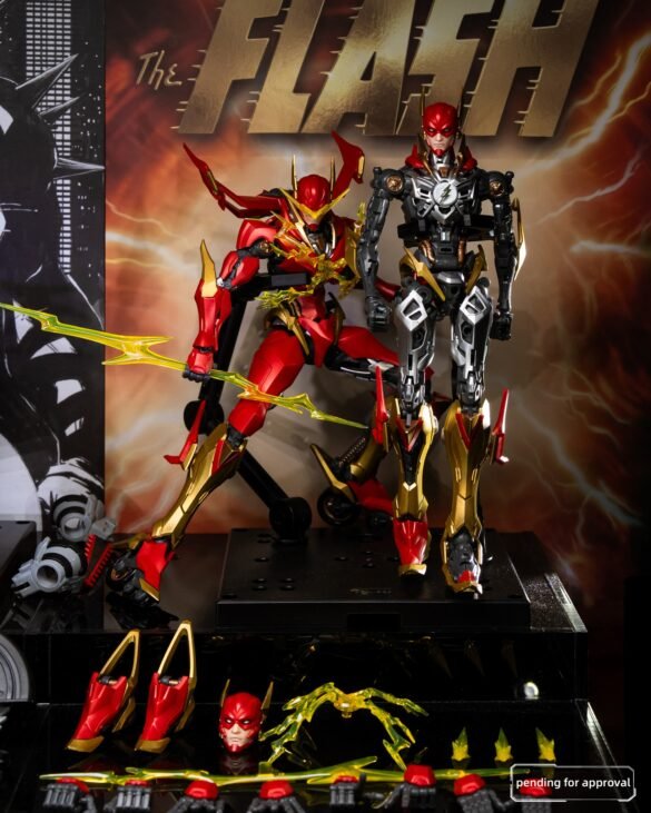 Flash y una figura con armadura roja de Blokees exhibidos con accesorios.