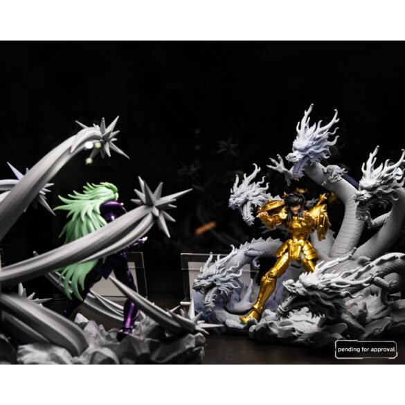Dos figuras de Saint Seiya de Blokees con efectos de armas y dragones.